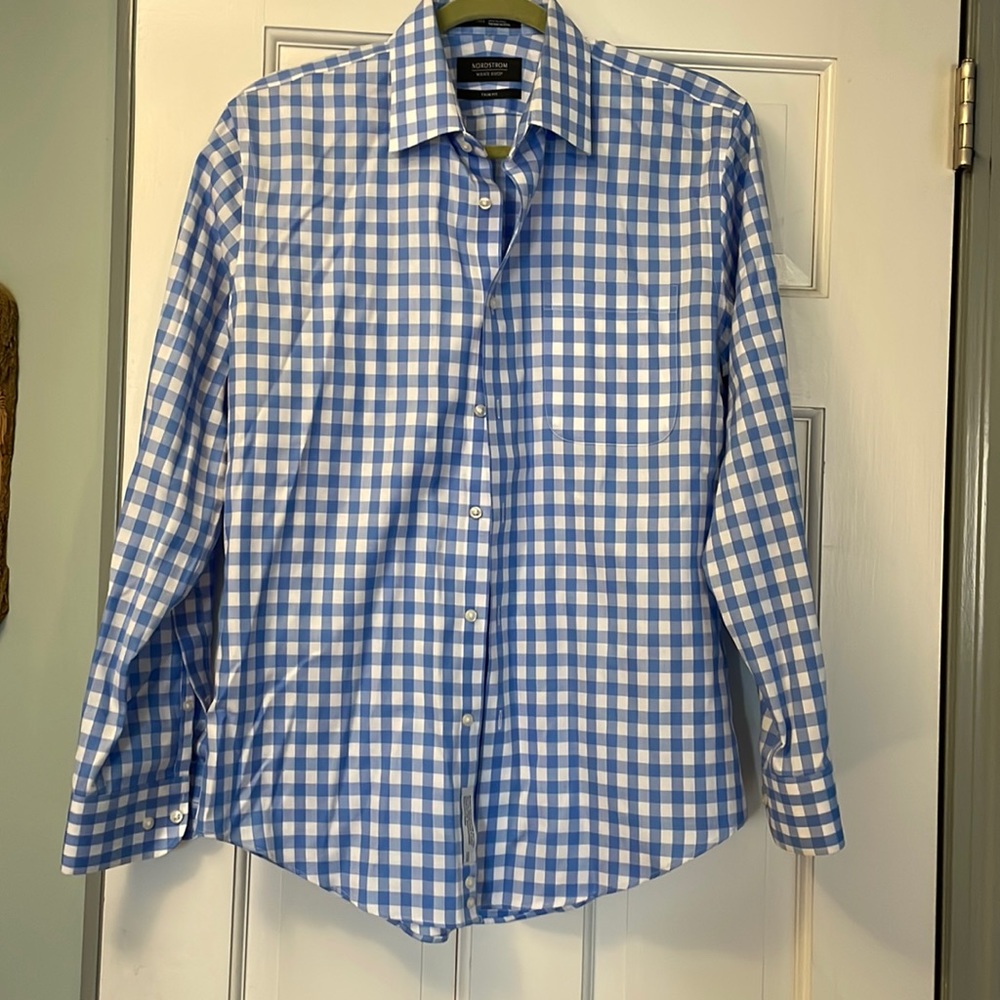 Nordstrom Brand mens trim fit button down 15 32/33 large gingham blue/white